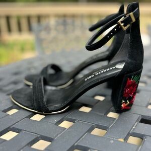 Kenneth Cole Lisa Black Embroidered Women's Leather Block Heels